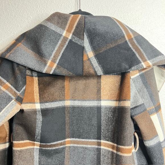 CHICWISH Womens  Shawl Collar Neutral Check Asymmetric Hemline Wool Blend Coat - Picture 7 of 9